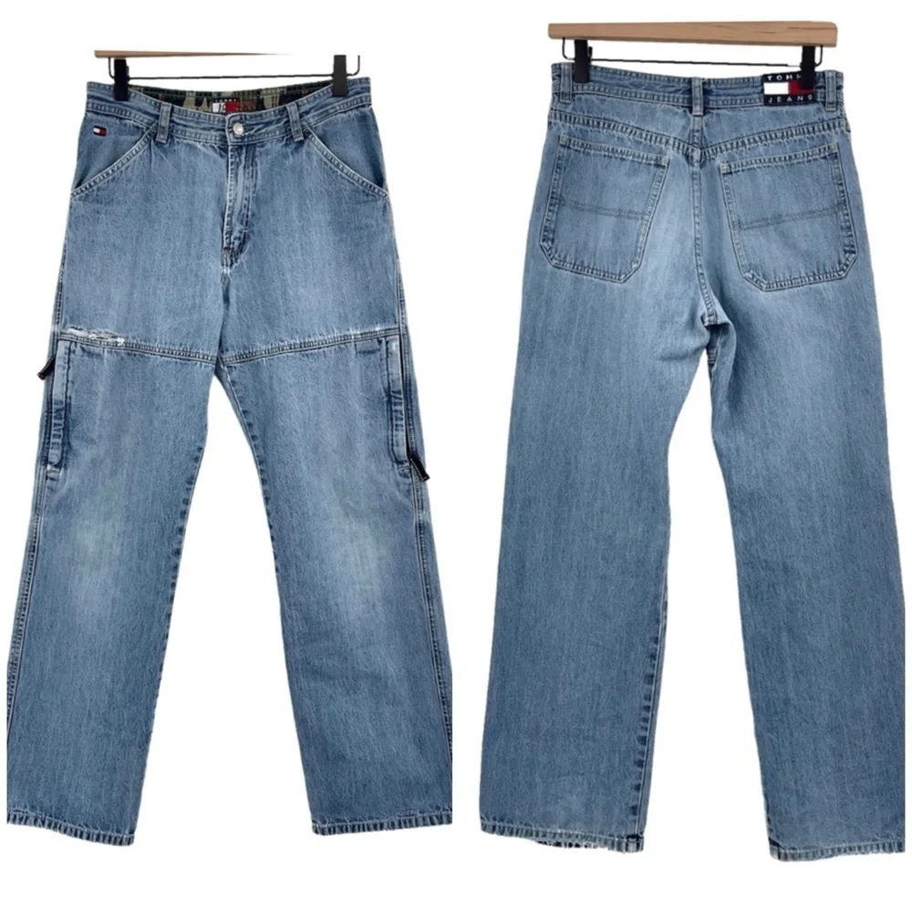 Vintage 2002 Tommy Hilfiger Cargo Jeans Distressed Medium Wash Blue Boys 18 2/4